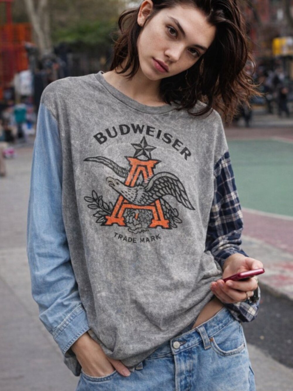 Budweiser Graphic Upcycled Tee M Distressed Grunge Y2K Vintage Rework Shirt